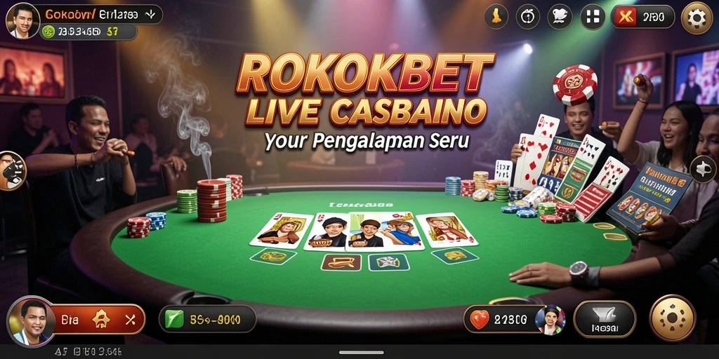 Tampilan gameplay ROKOKBET dengan dealer langsung dan suasana kasino yang menegangkan.